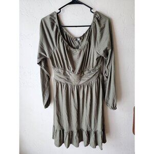 Anrabess Olive Green Long-Sleeve Smocked Waist Dress Size M